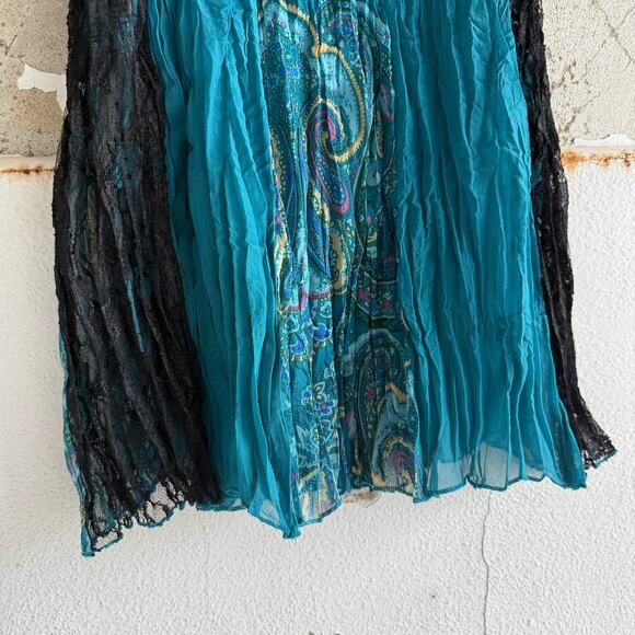 Fairycore Y2K Boho Flowy Top Sheer Lace Trim Teal Paisley Crinkle Size Small - Picture 2 of 6